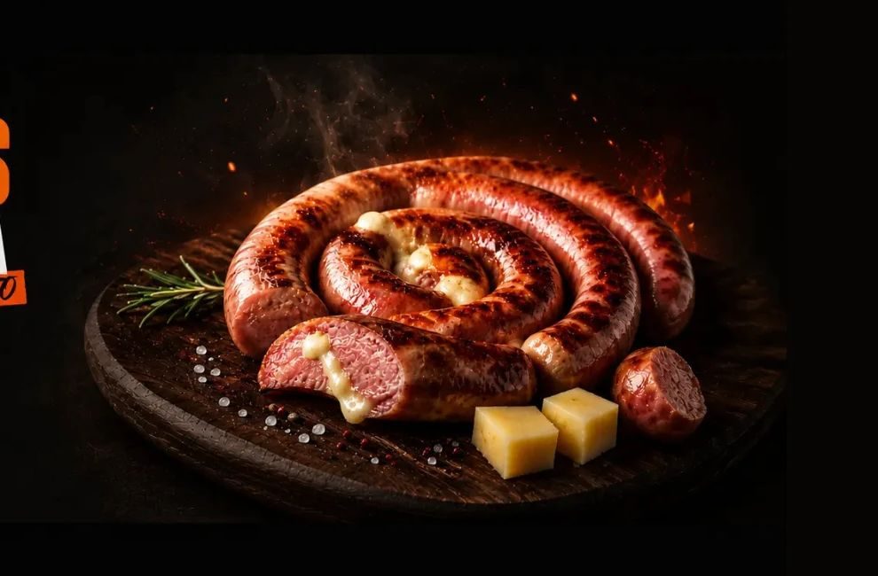 Linguiça artesanal grelhada na tábua com queijo e alecrim